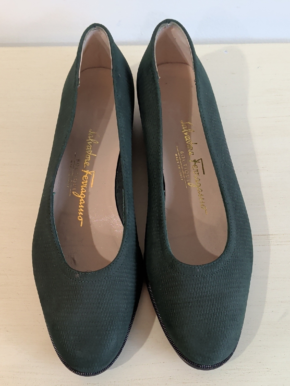 Salvatore Ferragamo Forest Green Textured Leather Flats Size 8 - Picture 5 of 9